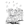 Bachelorette Party Colouring Book illustration of a male stripper and partygoers enjoying a fun night out.