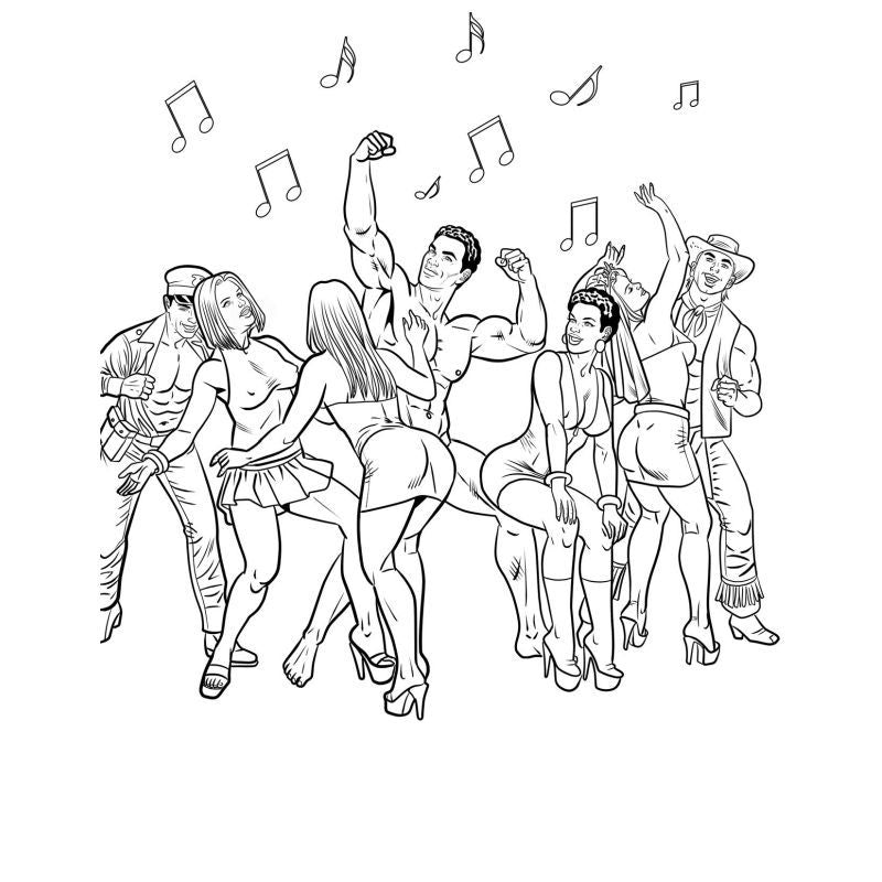 Image of party scene for Bachelorette Party Colouring Book, featuring women dancing and enjoying the night out.