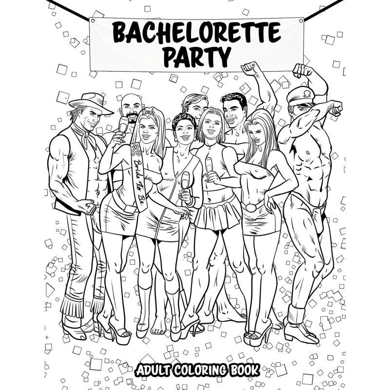 Bachelorette Party Colouring Book cover featuring fun illustrations of a party with men and women celebrating.
