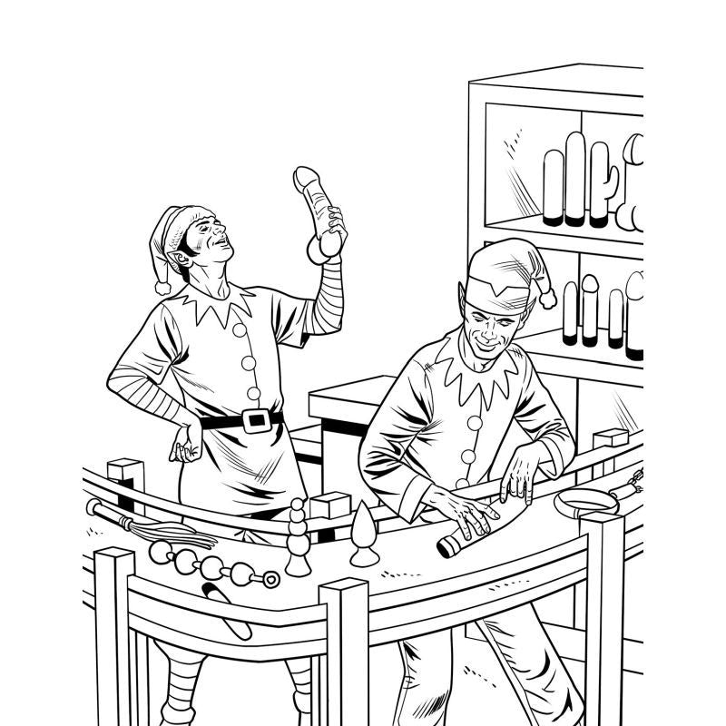 The Dirtiest Christmas Colouring Book Ever illustration featuring elves playfully handling adult toys.