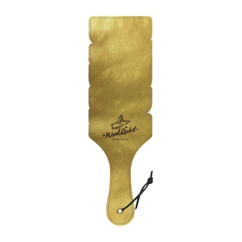 Designer spanking paddle in shimmering gold with textured surface for fun and intimacy.