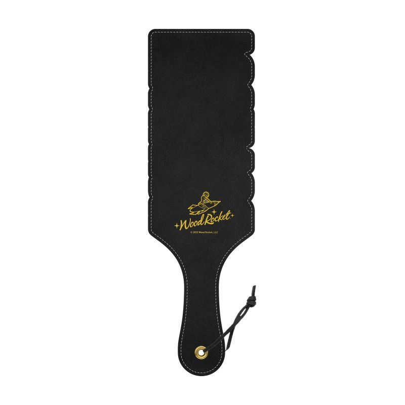 Naughty paddle for fetish play with a sleek black design and gold logo from Wood Rocket.