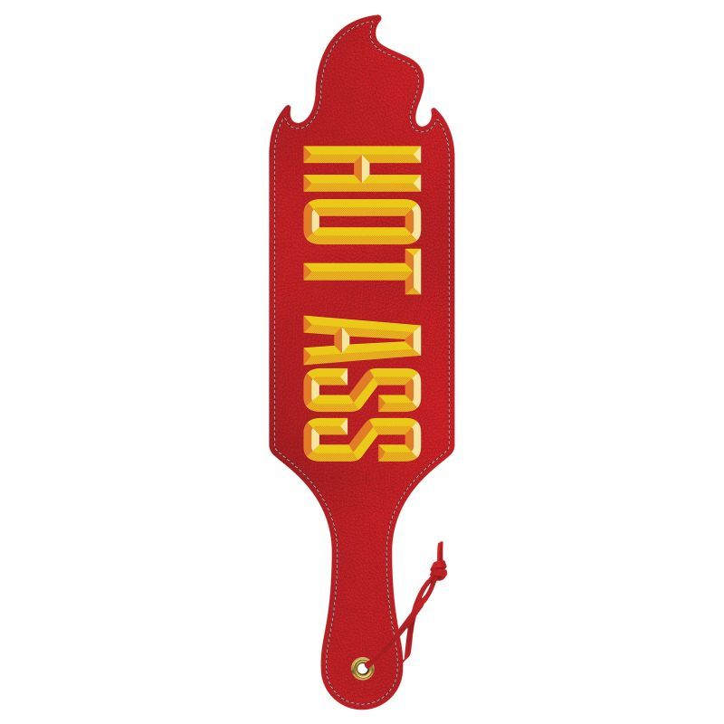 Hot Ass paddle in flaming red with cut-out design and textured surface for playful fun.