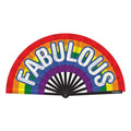 Fabulous rainbow folding fan with colorful design and glossy bamboo ribs, perfect for cooling off in style.