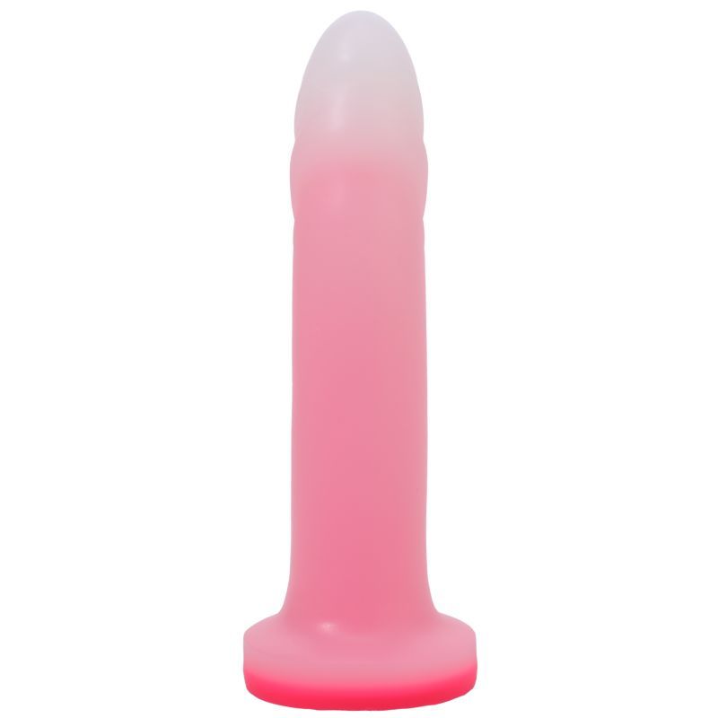 G-spot stimulating dual density dildo in rose quartz color with tapered design for harness play.