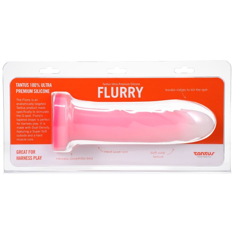 Flurry Dual Density Dildo in rose quartz designed for G-spot stimulating dual density dildo harness play.