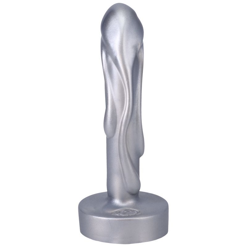 Mini Magma Silicone Dildo in silver with a molten texture for G-Spot and P-Spot stimulation.