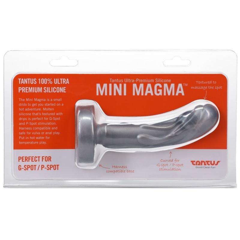 Mini Magma silicone dildo in packaging, designed for G-Spot and P-Spot stimulation with a textured surface.