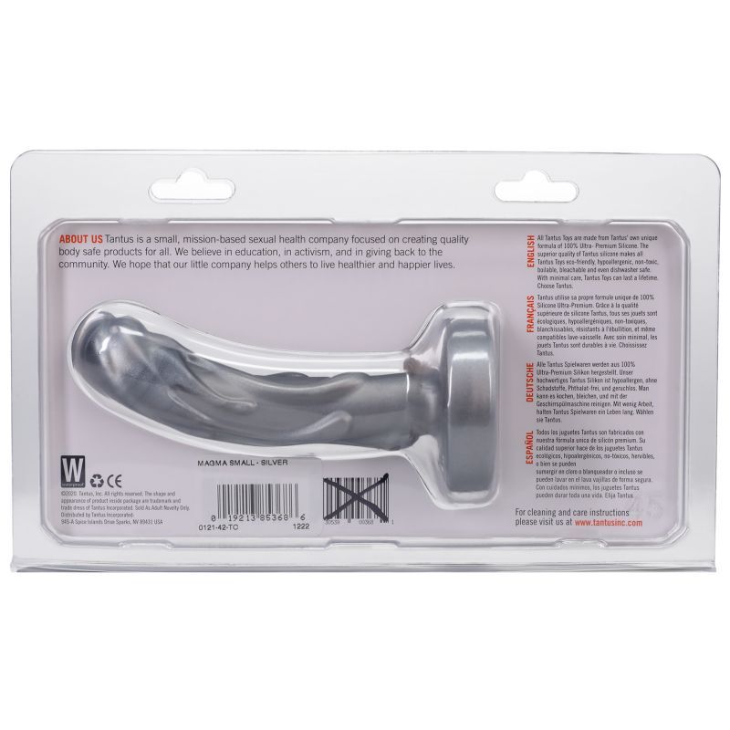 Mini Magma Dildo Silver packaging with details about its quality and use for intimate essentials.