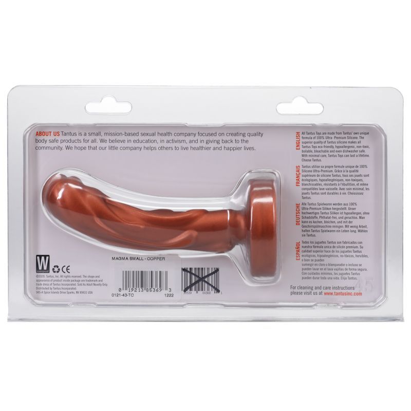 Mini Magma silicone dildo packaging, showcasing the copper color and detailed product information.