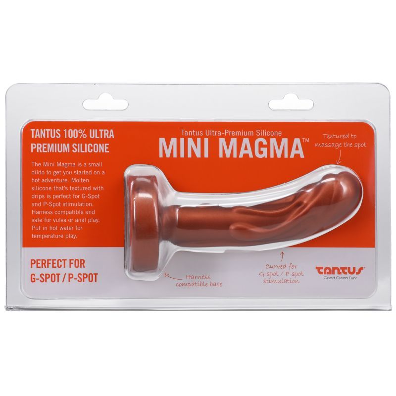 Mini Magma silicone dildo in packaging, designed for G-Spot and P-Spot stimulation with a textured finish.