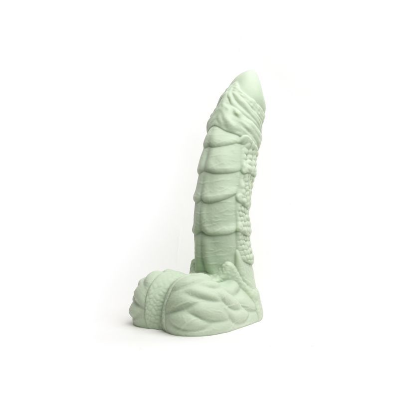 Willie Liquid Silicone Dildo Medium in soft green, detailed silicone fantasy dildo with balls, liquid silicone dildo.