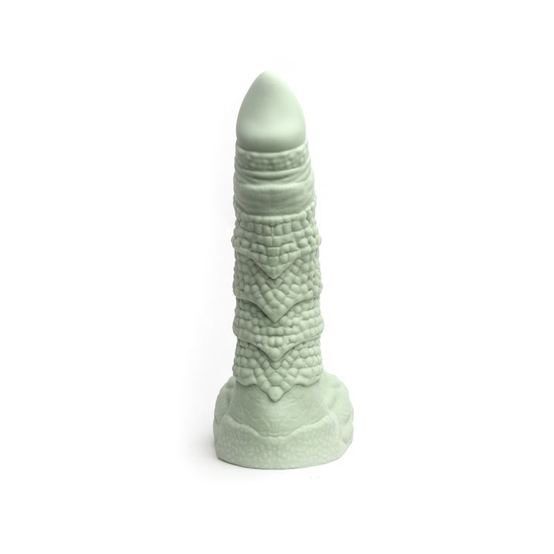 Willie Liquid Silicone Dildo Medium in soft green, a detailed fantasy silicone dildo with balls.