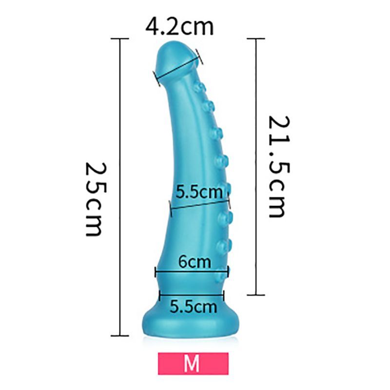 OctoCock Liquid Silicone Dildo Medium with measurements: 25cm long, 5.5cm diameter, 21.5cm insertable length.