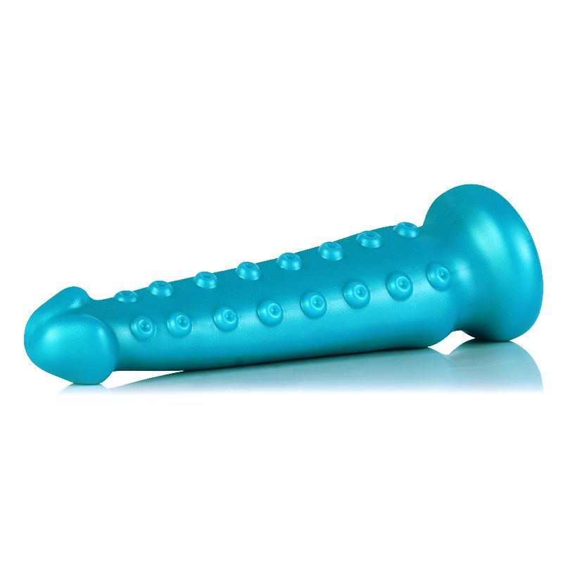 OctoCock Liquid Silicone Dildo Medium in blue, featuring studded texture for enhanced pleasure and versatile attachments.