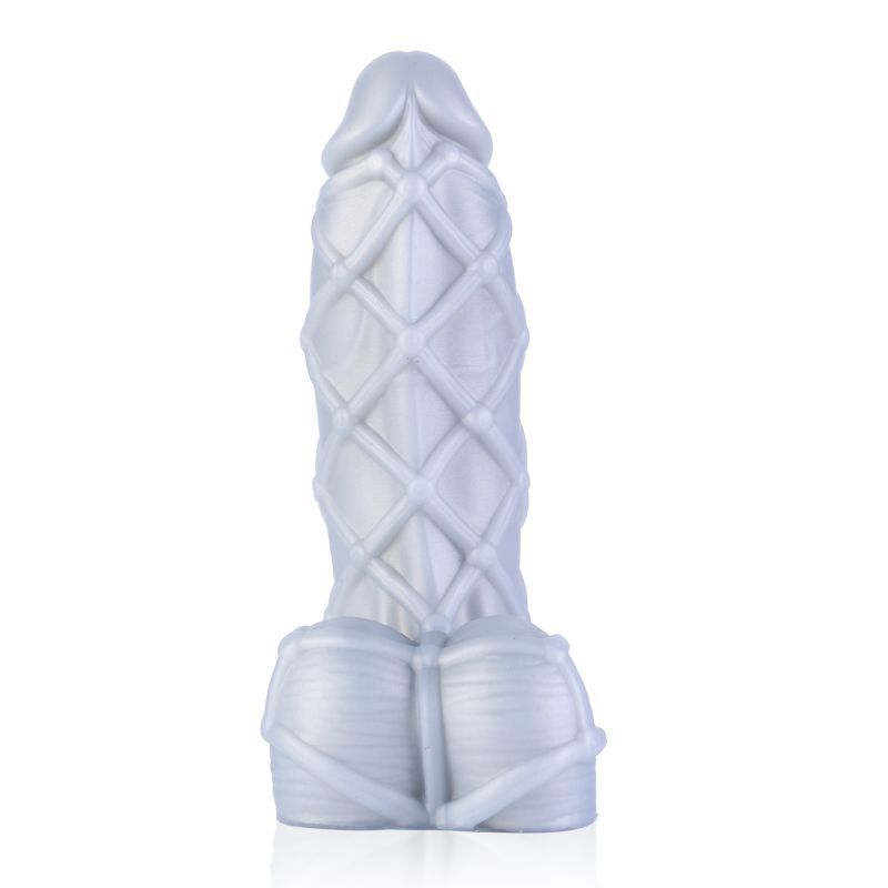 Fetishique Liquid Silicone Dildo Medium with textured ridges and detachable balls for intimate use.