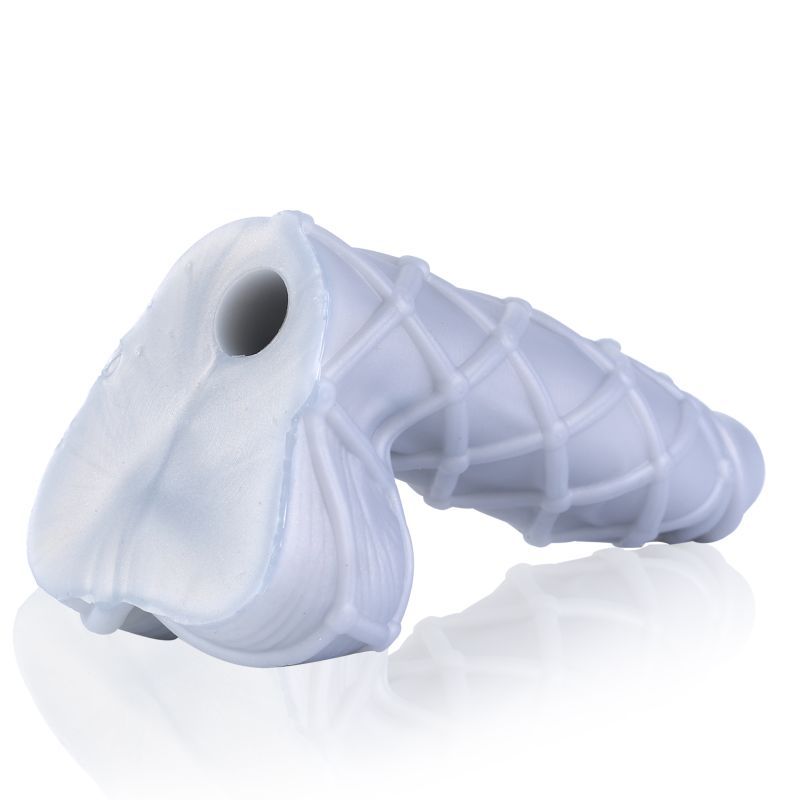 Fetishique Liquid Silicone Dildo Medium with ridges and holes for attachment in a light color.