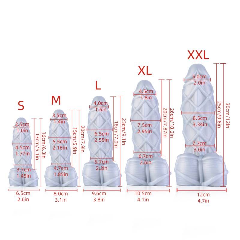 Fetishique Liquid Silicone Dildo Medium size chart showing dimensions for various sizes S, M, L, XL, and XXL.