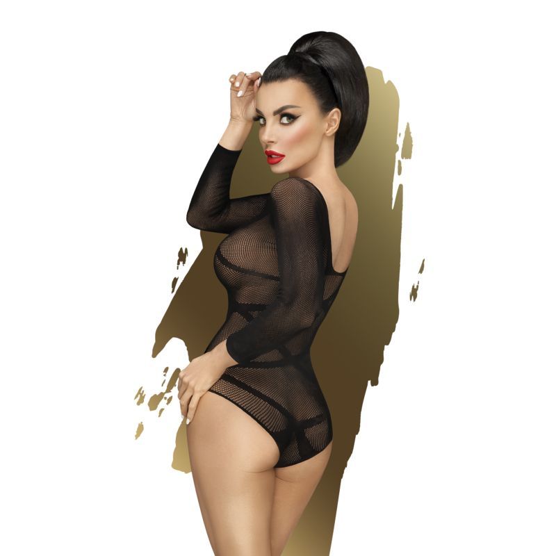 Model wearing black teddy lingerie with a transparent design, accentuating her curves and silhouette.