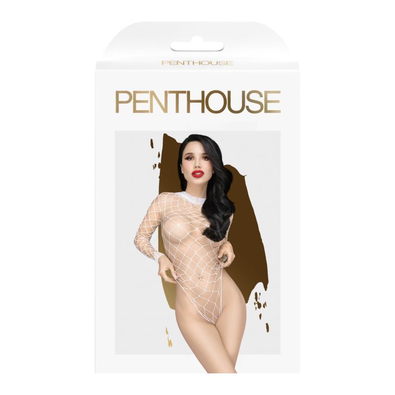 Scandalous white teddy lingerie fashion packaging featuring seductive mesh design and long sleeves.