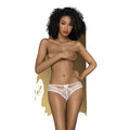 Elegant model wearing Adore Me lace panties in white, showcasing beautiful floral lace pattern and bow details.