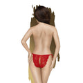 Red lace panties with floral pattern and side lacing, showcasing a seductive crotch opening for exciting wear.
