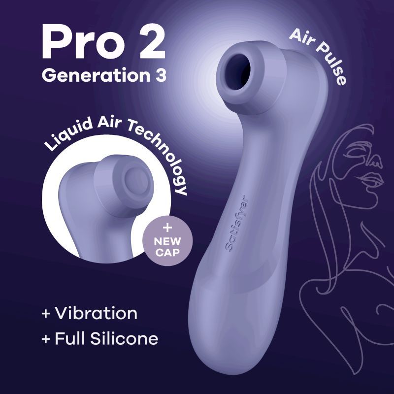 Satisfyer Pro 2 clitoral stimulator showcasing Liquid Air Technology and ergonomic design in lilac color.