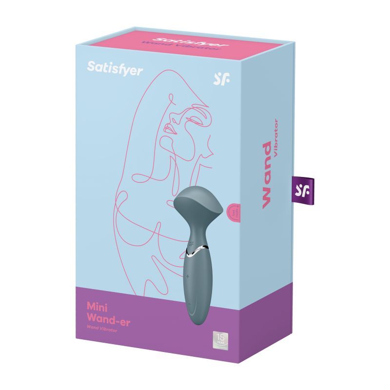 Satisfyer Mini Wand-er Stone Grey packaging with sleek design for sensual massages and clitoral stimulation.