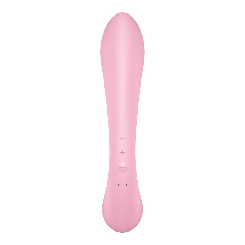 Satisfyer Triple Oh vibrator in pink silicone design with control buttons.