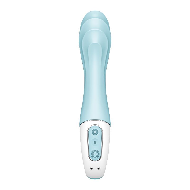 Satisfyer Air Pump Vibrator 5+ Blue, app controlled air pump vibrator, featuring an inflatable shaft and control buttons.