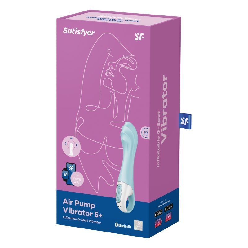 Satisfyer Air Pump Vibrator 5+ box packaging featuring app controlled air pump vibrator design and Bluetooth compatibility.