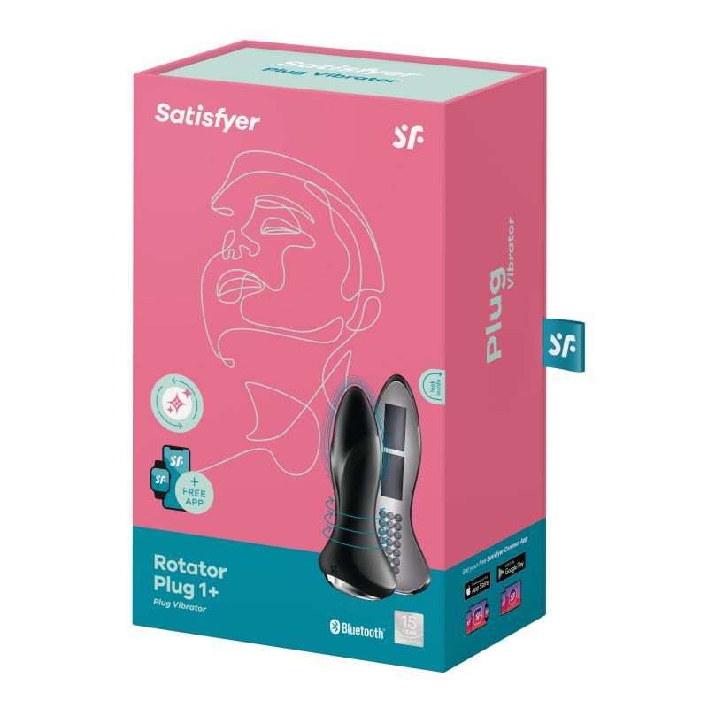 Satisfyer Rotator Plug 1+ Black packaging showcasing Bluetooth play vibrator for intimate essentials for her.