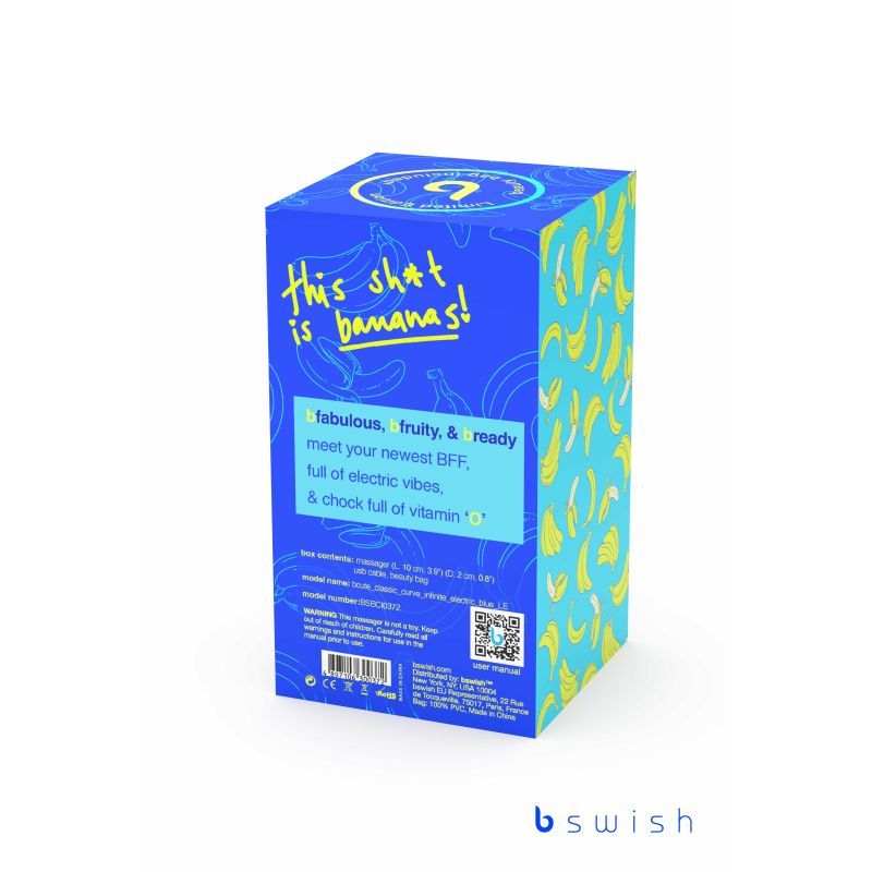 Brightly colored packaging for the Bswish product featuring playful banana graphics and the phrase "this sh*t is bananas!"