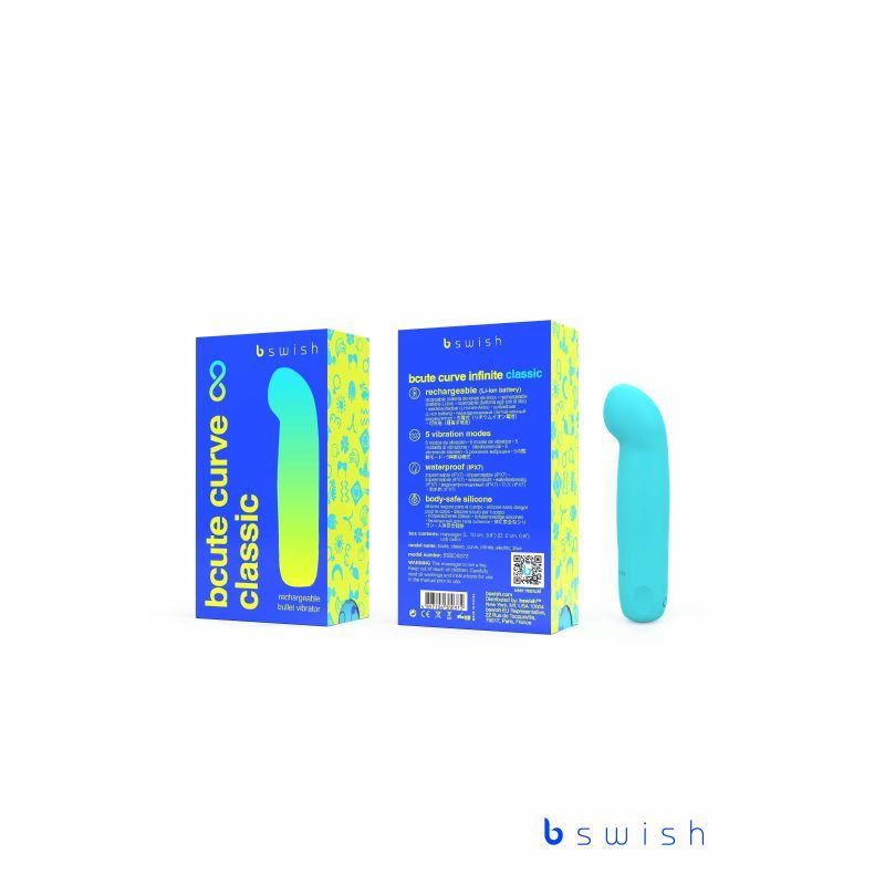bcute curve infinite classic electric blue vibrator packaging and product display on a white background.