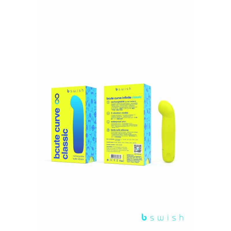 Bcute Curve Infinite Classic Citrus Yellow packaging and vibrator, a curved pleasure vibrator for discreet satisfaction.