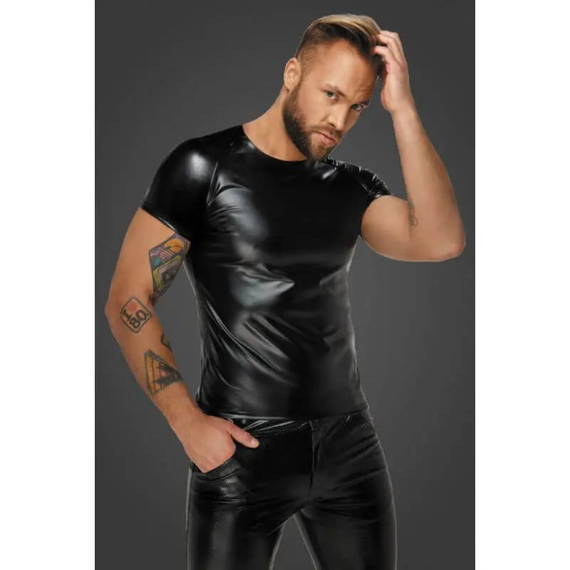 Wetlook T-Shirt with Snake Wetlook Sleeves Noir Discreet Intimate Essentials.