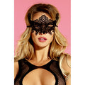 Masquerade lace eye mask featuring black lace embroidered filigree design with adjustable ribbon tie, perfect for costumes.