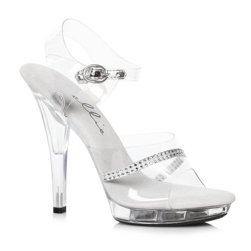 Clear rhinestone heels with 5-inch heel, elegant design featuring rhinestones, perfect for stylish occasions.
