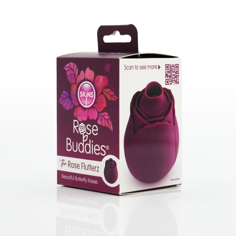 Skins Rose Buddies The Rose Flutter, a clitoral vibrator with flicking action, in elegant packaging showcasing its features.