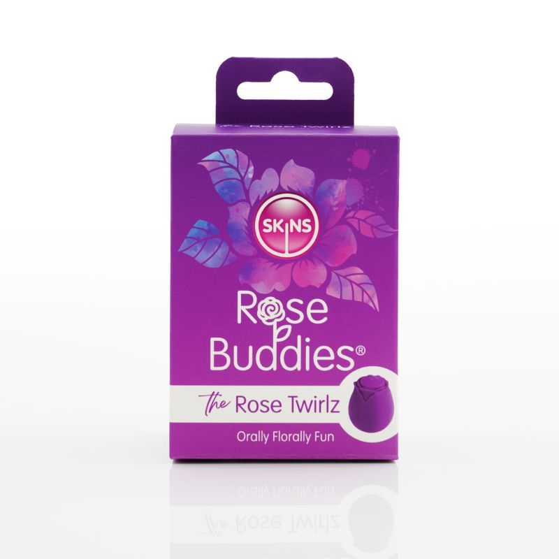 Skins Rose Buddies The Rose Twirlz packaging for clitoral stimulation rose toy, featuring vibrant floral design and product details.