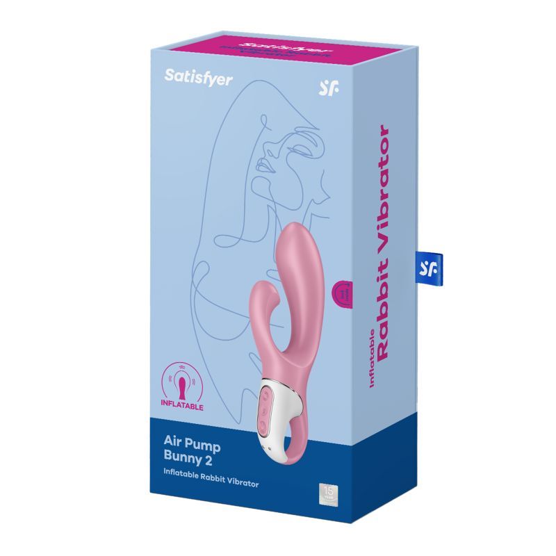Air Pump Bunny 2 vibrator packaging featuring the inflatable rabbit vibrator design in pink color.