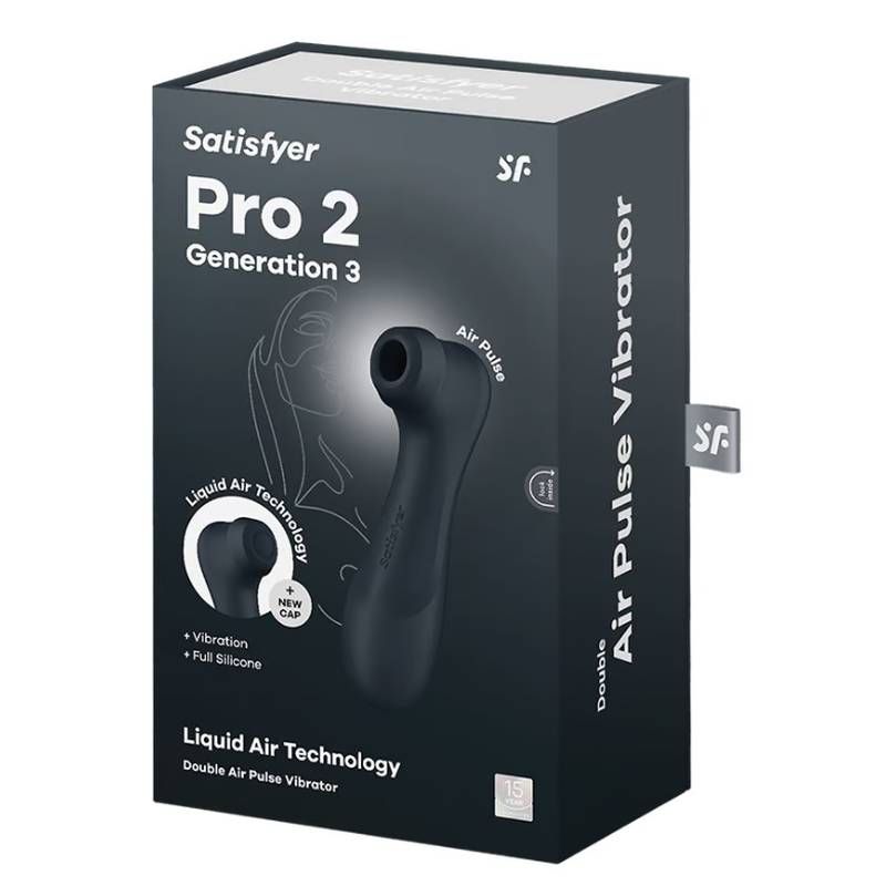 Satisfyer Pro 2 Gen 3 Clitoral Stimulator Black packaging showcasing Liquid Air Technology and Air Pulse Vibrator features.