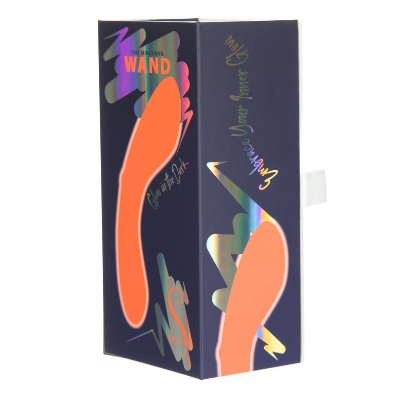 The packaging of The Mini Swan Wand Glow Orange featuring vibrant colors and an inspirational message, showcasing the Mini Swan Wand vibrator.