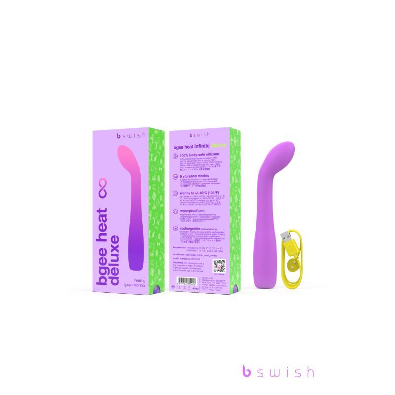 Bgee Heat Infinite Deluxe Sweet Lavender heated silicone vibrator with packaging and accessory.