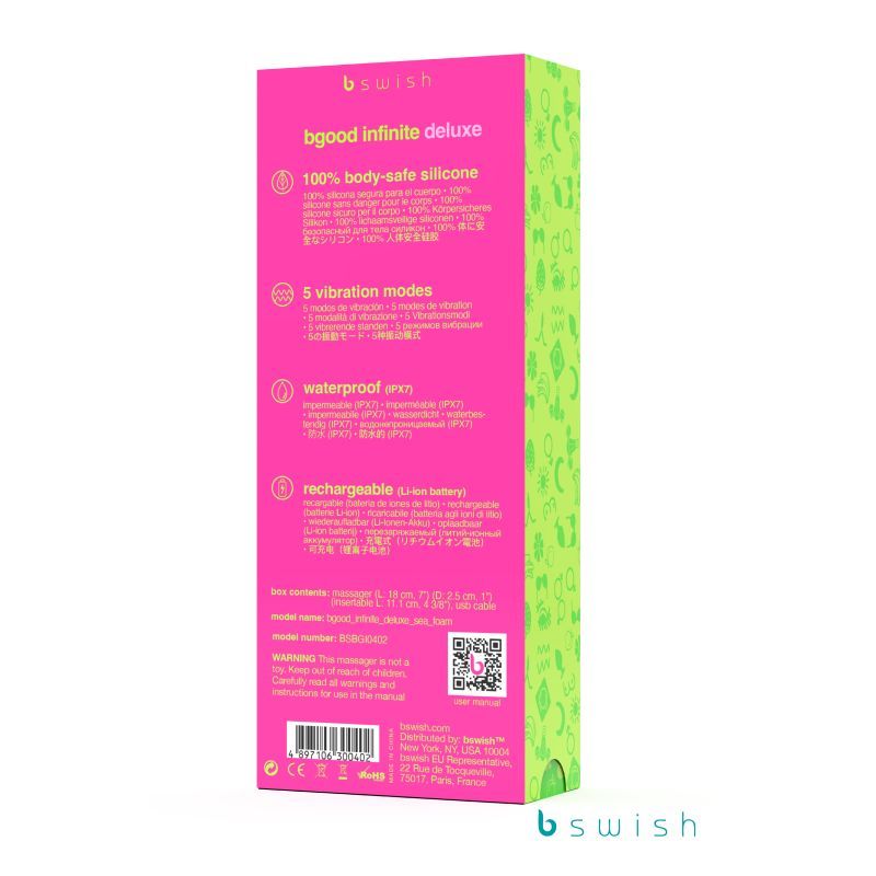 Bgood Infinite Deluxe packaging showcasing 100% body-safe silicone, 5 vibration modes, waterproof, and rechargeable features.
