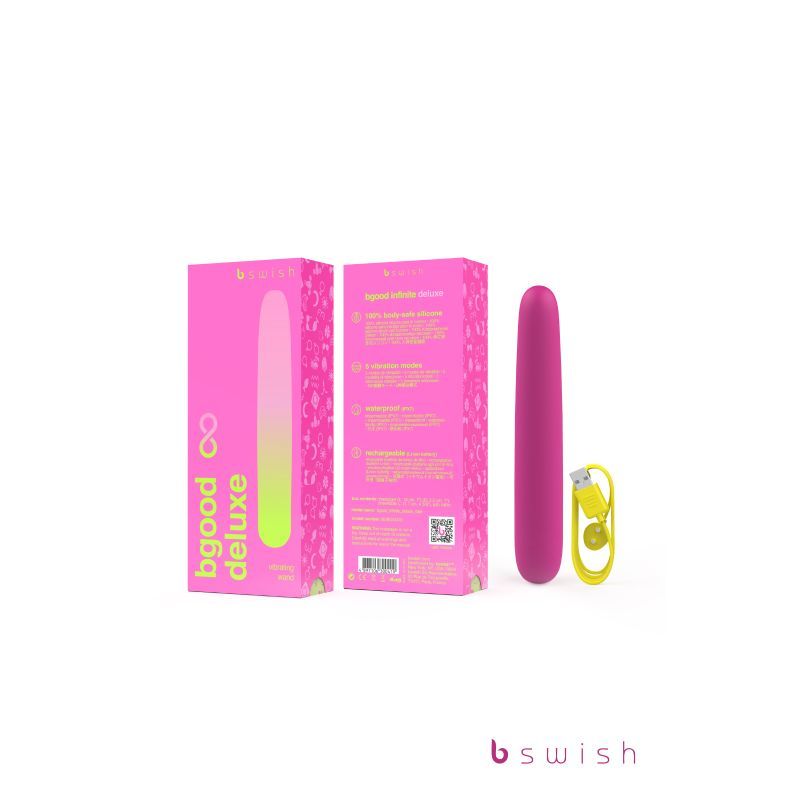 Bgood Infinite Deluxe rose silicone vibrating pleasure toy with packaging and USB charging cable.