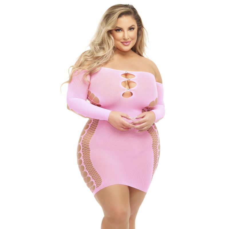 Model wearing a pink diamond net halter dress showcasing an off-shoulder design with cutouts, perfect for parties.