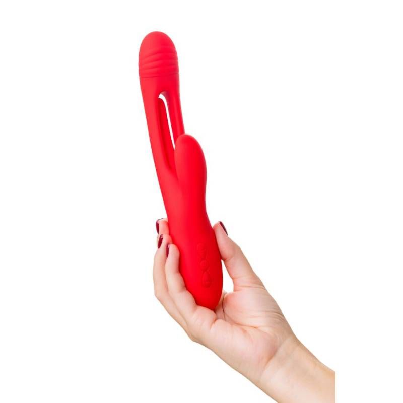JOS Patti Moving Tongue Rabbit Vibrator Red held in hand, showcasing sleek design and innovative features for pleasure.