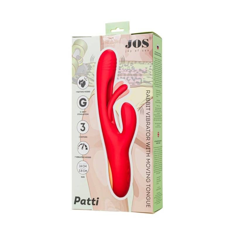 JOS Patti Moving Tongue Rabbit Vibrator Red packaging featuring a sleek design and detailed product information.
