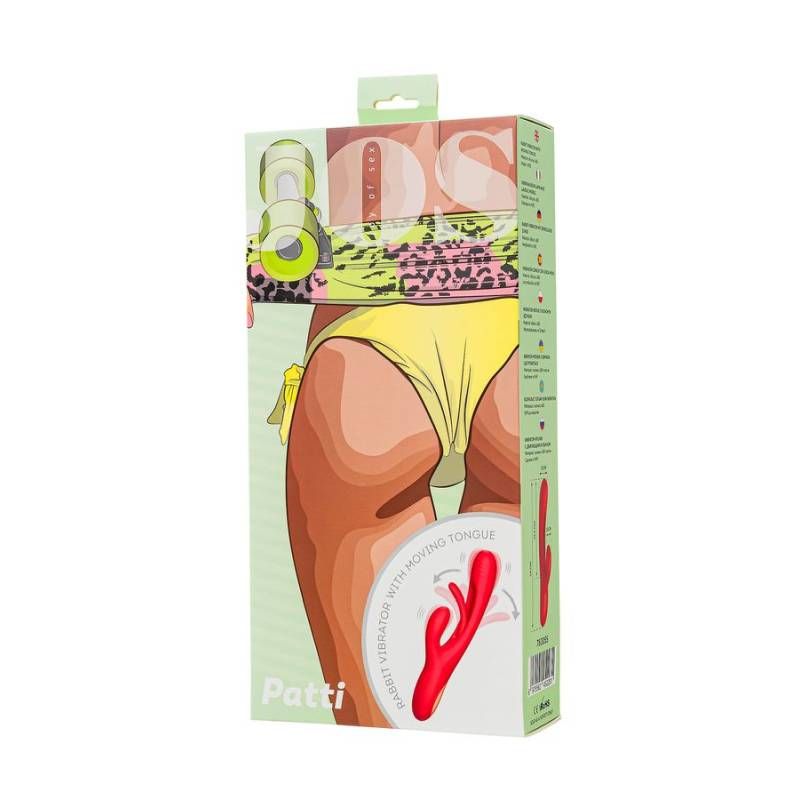 JOS Patti Moving Tongue Rabbit Vibrator Red packaging showcasing its sleek design and features for intimate essentials.